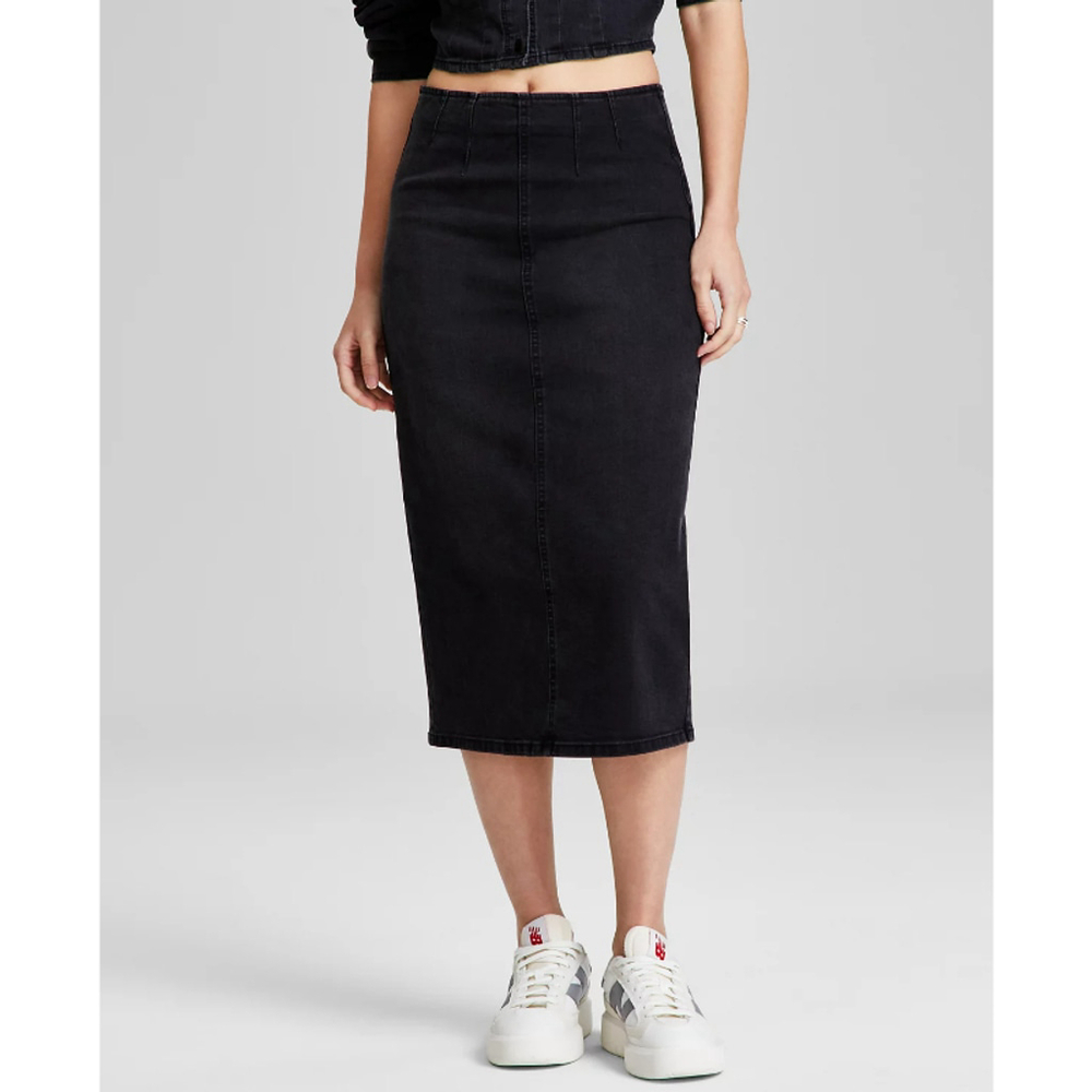 And Now This Women's Size XL Black Wash Back-Slit Denim Midi Skirt NWT